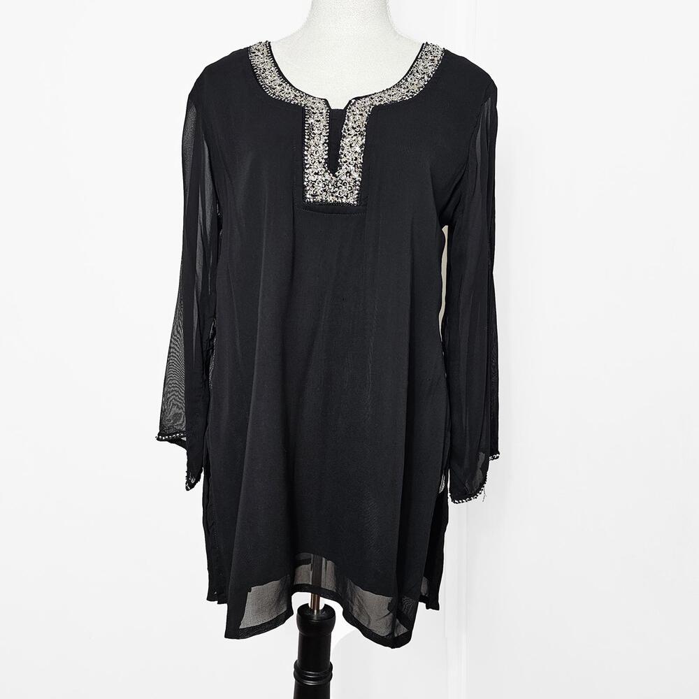 Black Long Sleeve Medium Tunic with Embellished Neckline